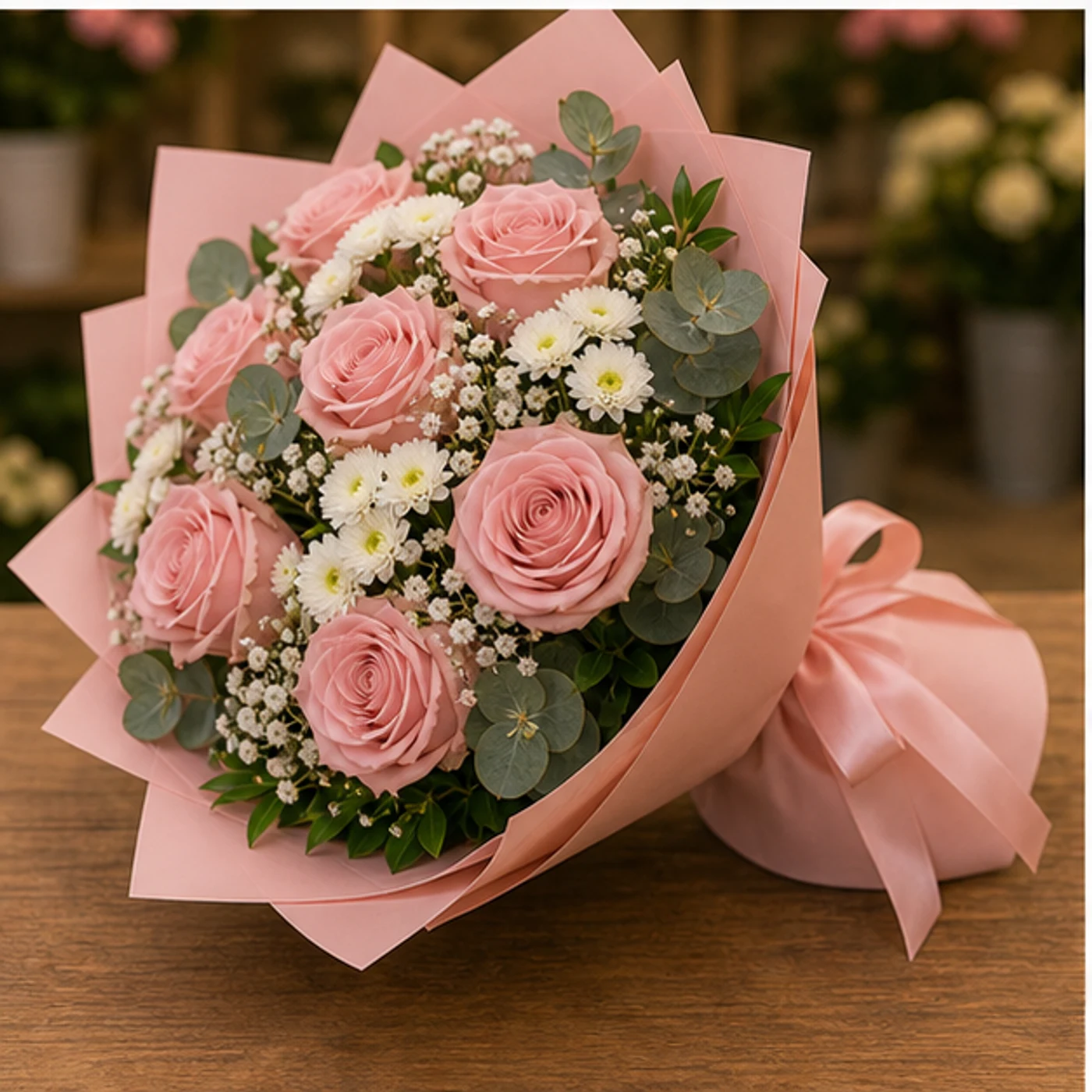 Buchet floral cu trandafiri roz pudrat si santini alb - poza 3