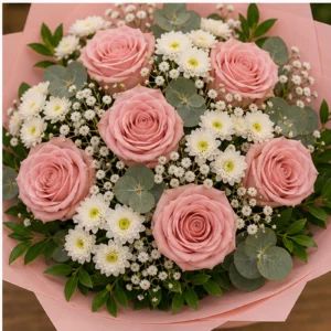 Buchet floral cu trandafiri roz pudrat si santini alb - poza 4