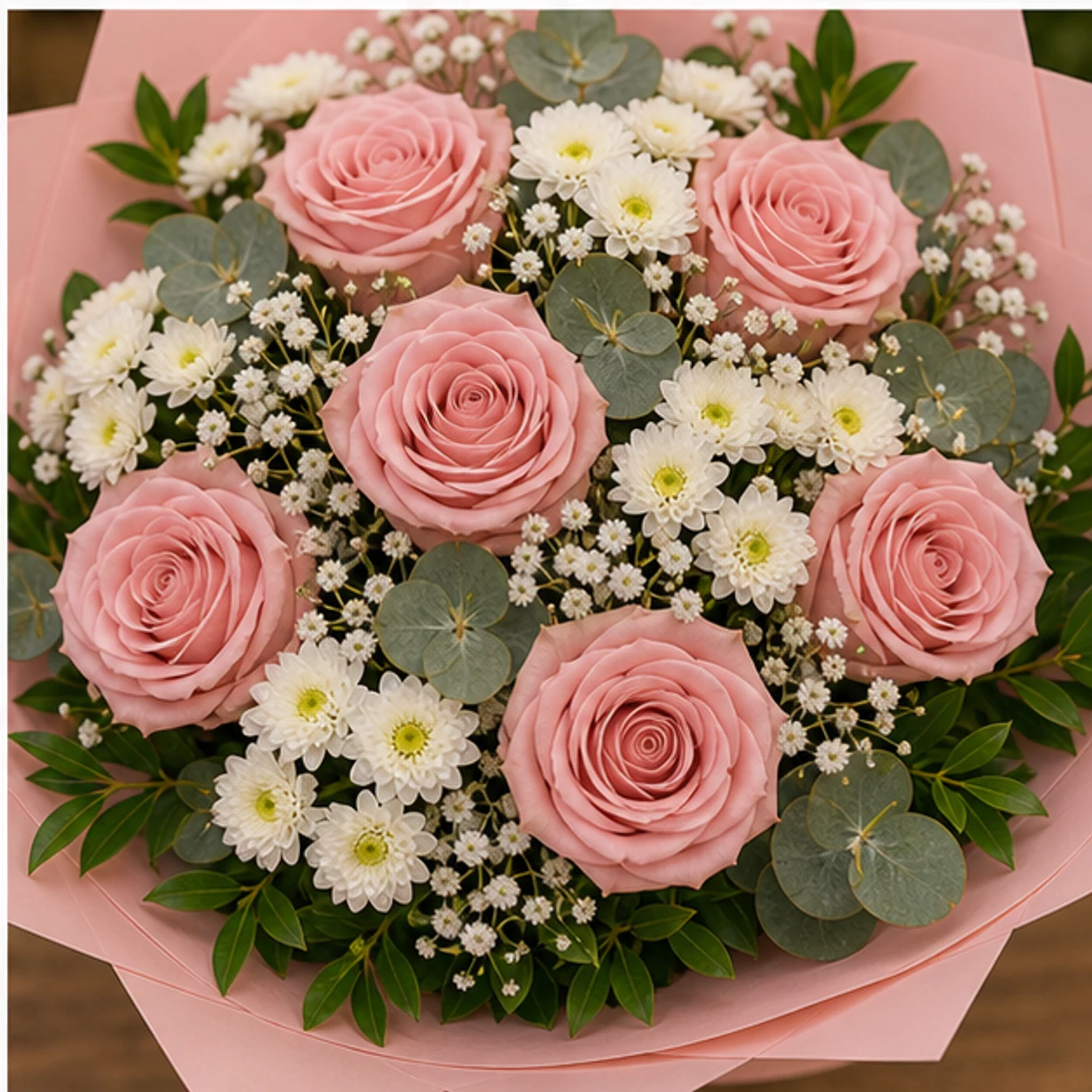Buchet floral cu trandafiri roz pudrat si santini alb - poza 4