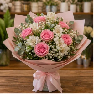 Buchet floral cu trandafiri roz si alstroemeria alba - poza 1