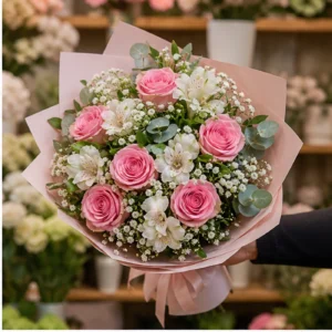 Buchet floral cu trandafiri roz si alstroemeria alba - poza 2