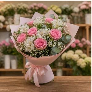 Buchet floral cu trandafiri roz si alstroemeria alba - poza 3