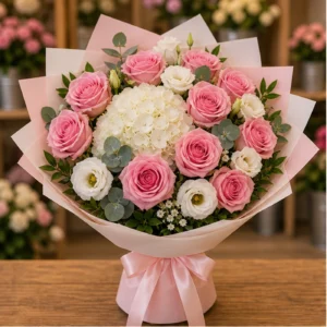 Buchet floral cu trandafiri roz si hortensie alba - poza 1