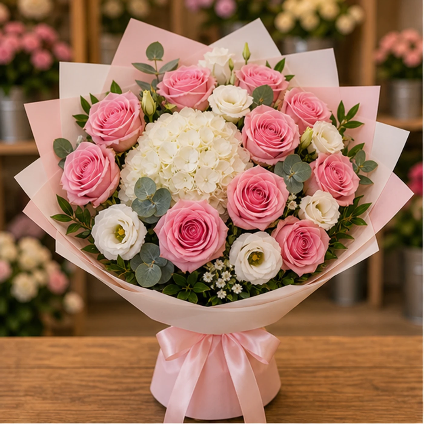Buchet floral cu trandafiri roz si hortensie alba - poza 1