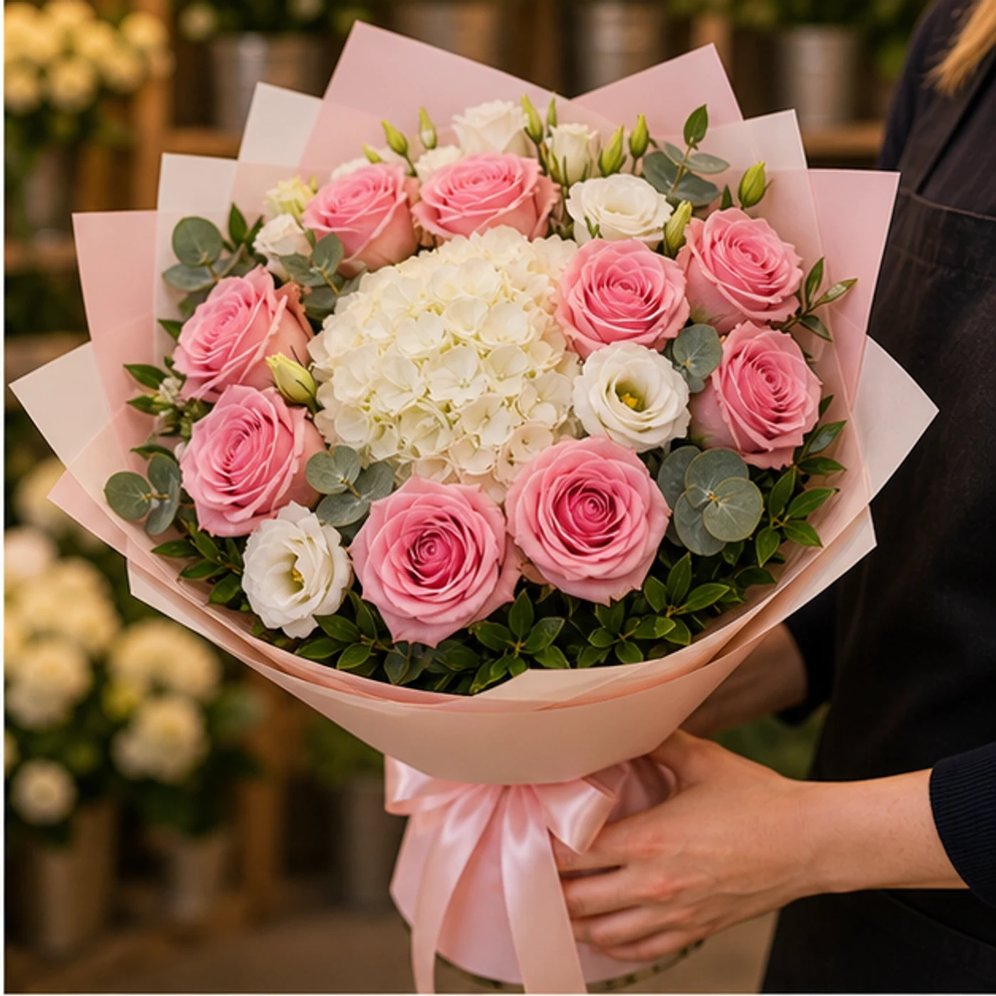 Buchet floral cu trandafiri roz si hortensie alba - poza 2