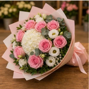 Buchet floral cu trandafiri roz si hortensie alba - poza 3