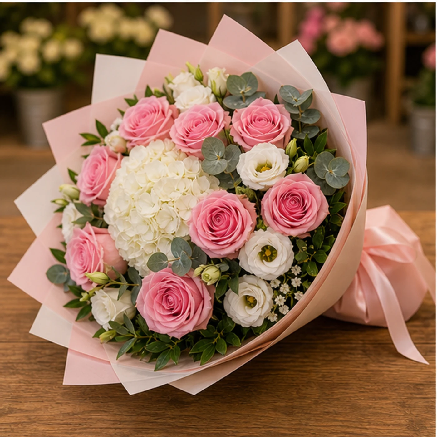 Buchet floral cu trandafiri roz si hortensie alba - poza 3