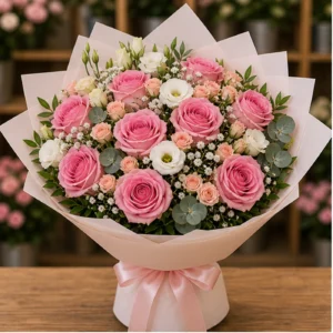 Buchet floral cu trandafiri roz si miniroze pastel - poza 1