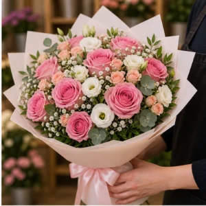 Buchet floral cu trandafiri roz si miniroze pastel - poza 2