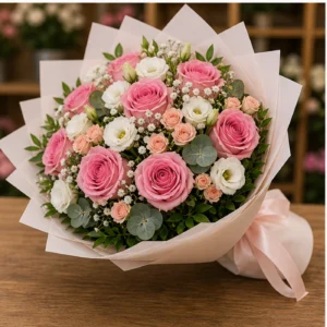 Buchet floral cu trandafiri roz si miniroze pastel - poza 3