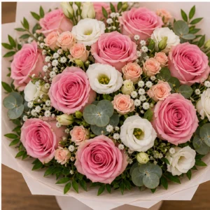Buchet floral cu trandafiri roz si miniroze pastel - poza 4