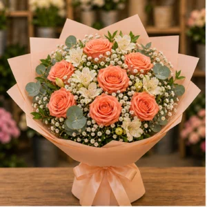 Buchet floral cu trandafiri somon si alstroemeria crem - poza 1