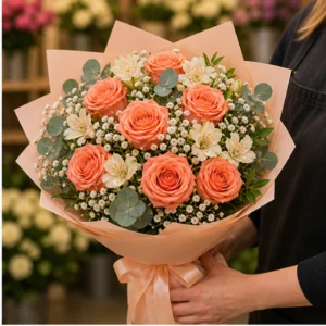 Buchet floral cu trandafiri somon si alstroemeria crem - poza 2