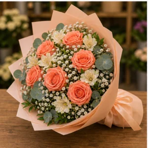 Buchet floral cu trandafiri somon si alstroemeria crem - poza 3