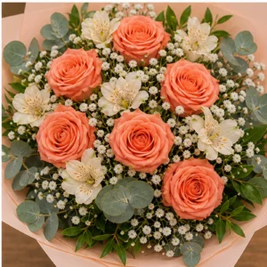 Buchet floral cu trandafiri somon si alstroemeria crem - poza 4
