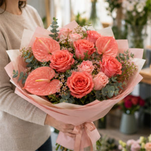 Buchet Flori Acasă Soft Coral cu Anthurium și Trandafiri - imagine 3