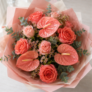 Buchet Flori Acasă Soft Coral cu Anthurium și Trandafiri - imagine 4