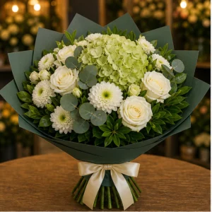 Buchet flori aniversare business cu hortensie verde si trandafiri albi - poza 1
