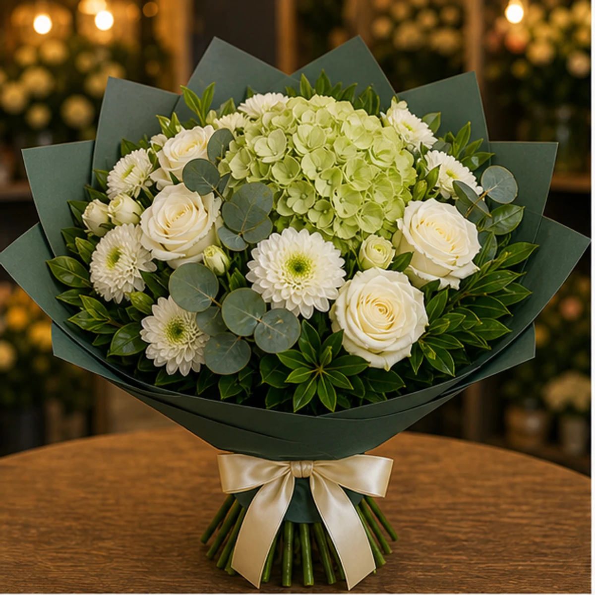 Buchet flori aniversare business cu hortensie verde si trandafiri albi - poza 1