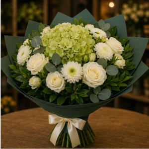 Buchet flori aniversare business cu hortensie verde si trandafiri albi - poza 2