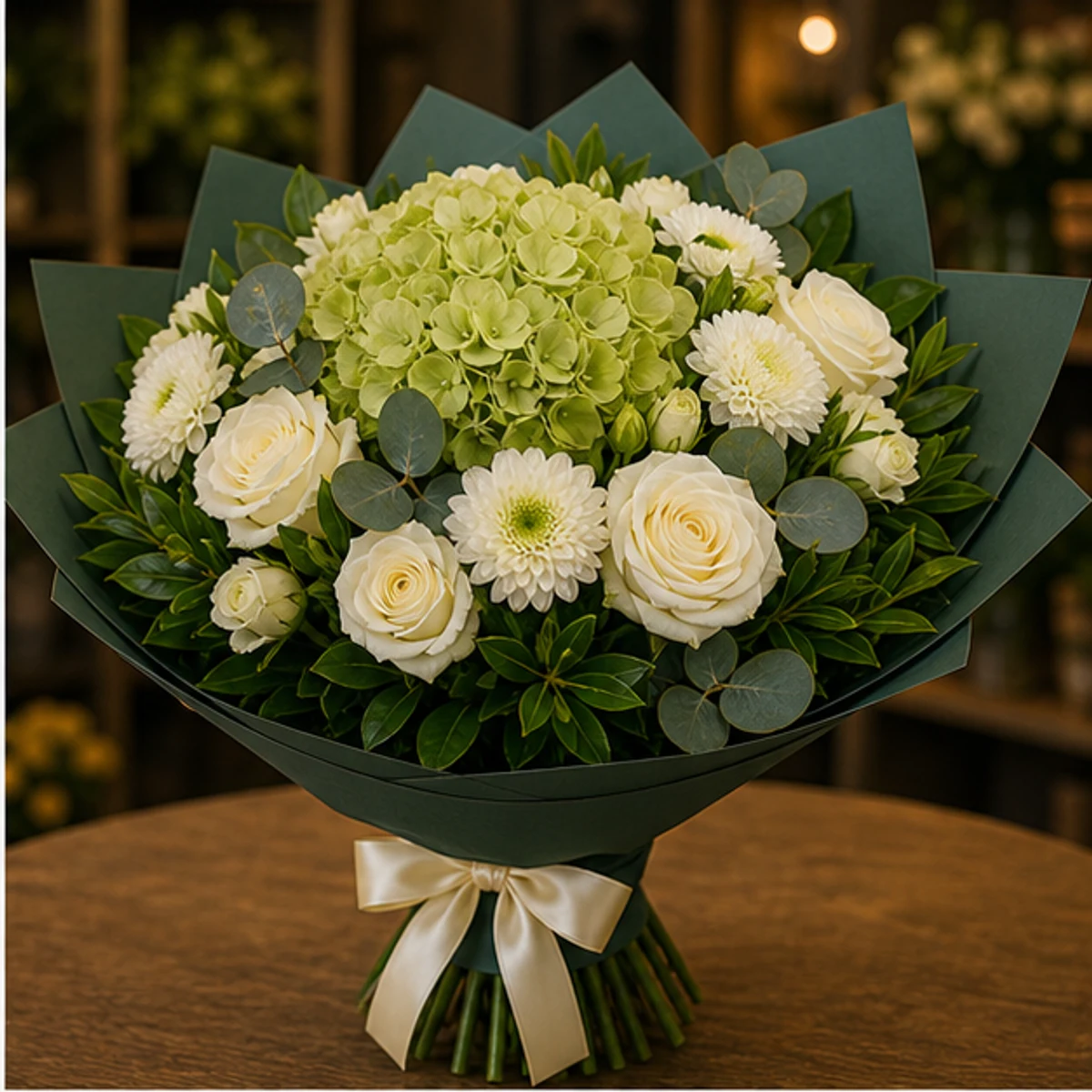 Buchet flori aniversare business cu hortensie verde si trandafiri albi - poza 2