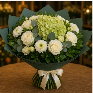 Buchet flori aniversare business cu hortensie verde si trandafiri albi - poza 3