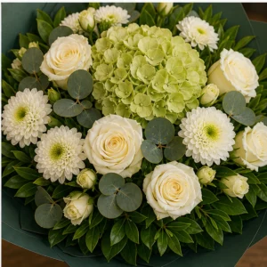 Buchet flori aniversare business cu hortensie verde si trandafiri albi - poza 4
