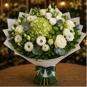 Buchet flori aniversare de gala alb verde cu lisianthus - poza 1
