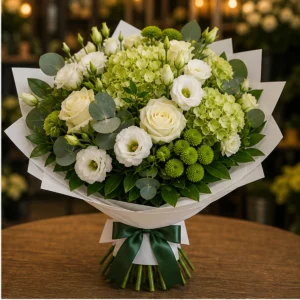 Buchet flori aniversare de gala alb verde cu lisianthus - poza 2