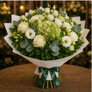 Buchet flori aniversare de gala alb verde cu lisianthus - poza 3