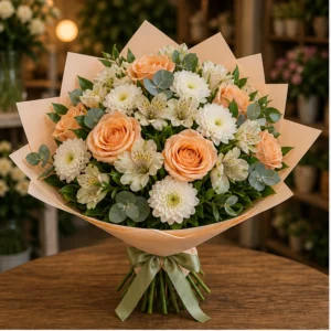 Buchet flori aniversare de multumire cu trandafiri piersica - poza 1