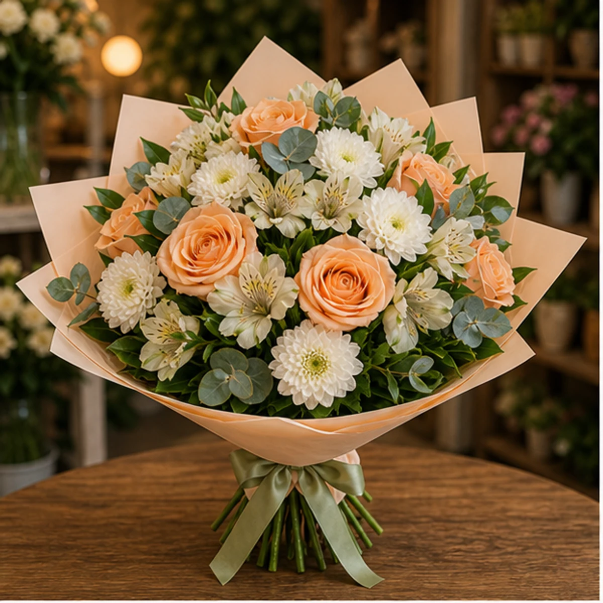 Buchet flori aniversare de multumire cu trandafiri piersica - poza 1