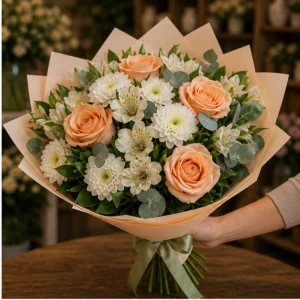 Buchet flori aniversare de multumire cu trandafiri piersica - poza 2