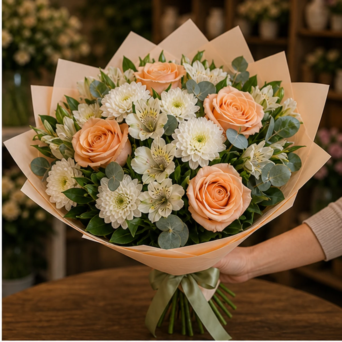 Buchet flori aniversare de multumire cu trandafiri piersica - poza 2