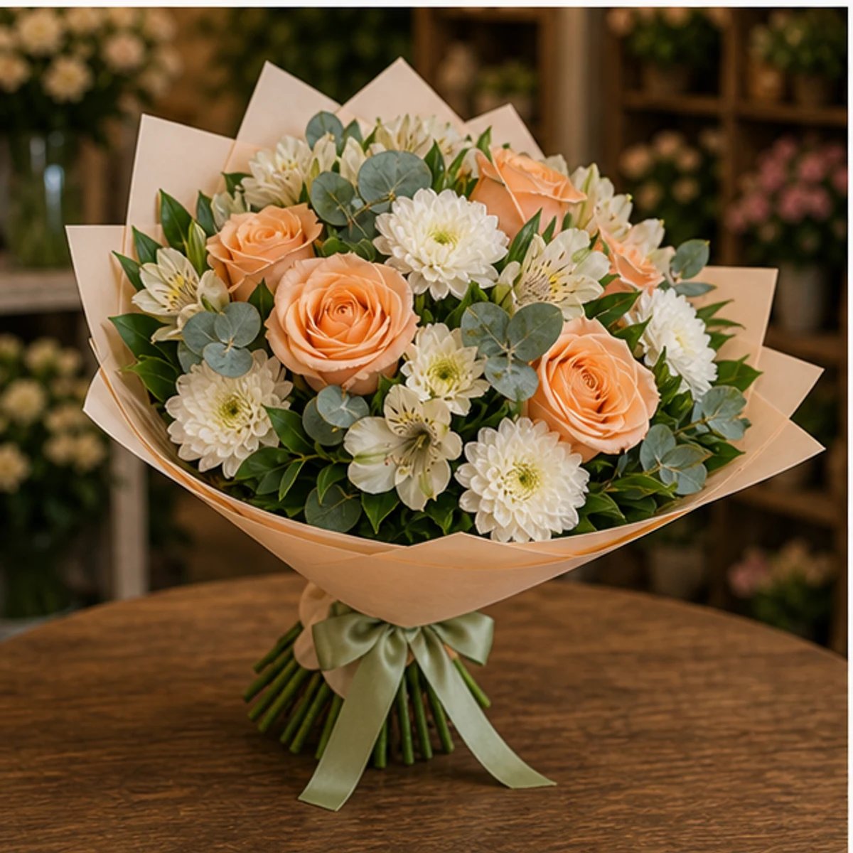 Buchet flori aniversare de multumire cu trandafiri piersica - poza 3