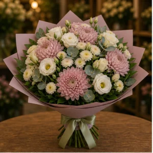 Buchet flori aniversare delicat roz prafuit cu crizanteme - poza 1