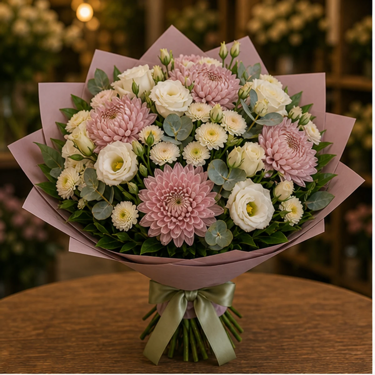 Buchet flori aniversare delicat roz prafuit cu crizanteme - poza 1