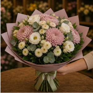 Buchet flori aniversare delicat roz prafuit cu crizanteme - poza 2