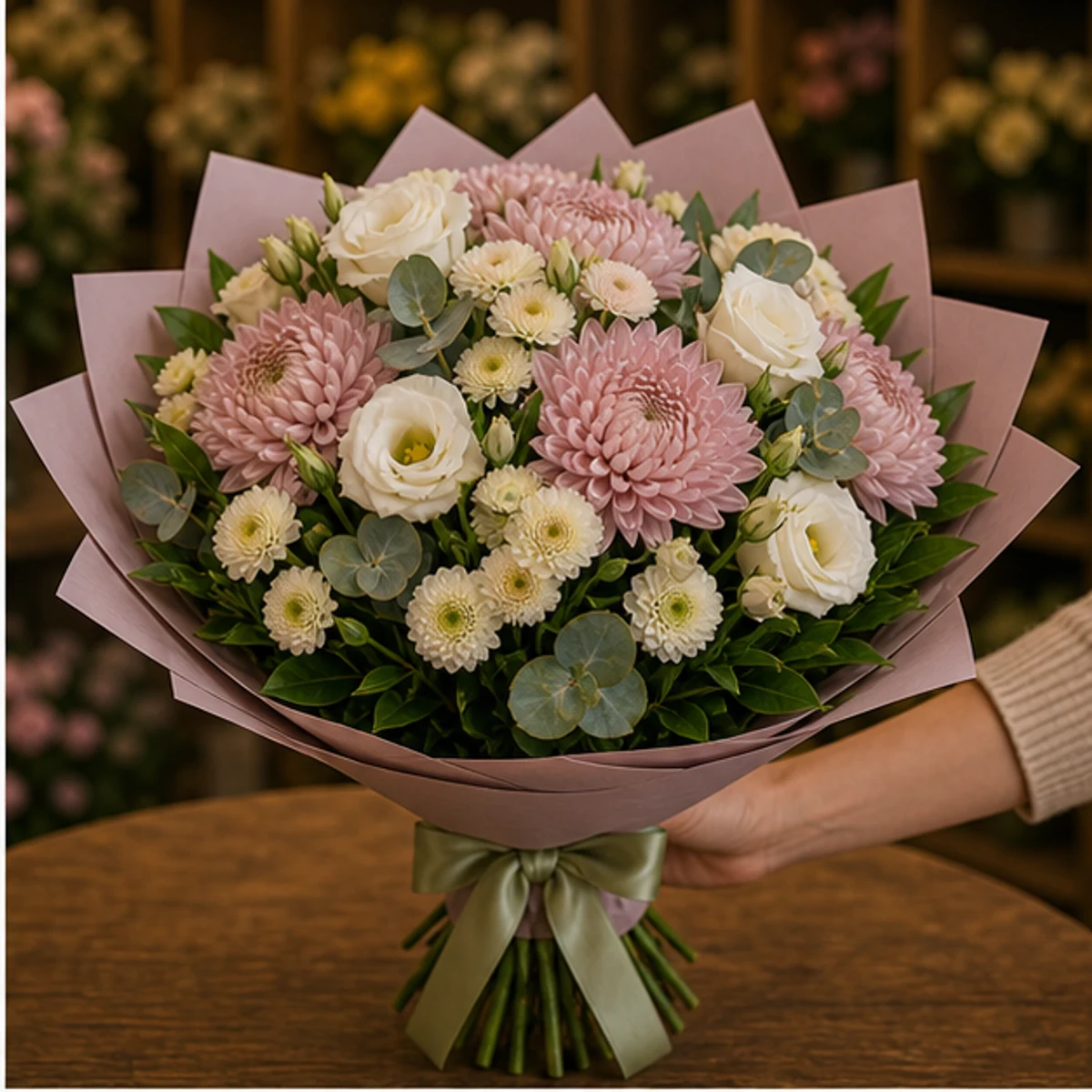 Buchet flori aniversare delicat roz prafuit cu crizanteme - poza 2