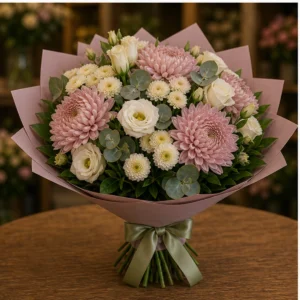 Buchet flori aniversare delicat roz prafuit cu crizanteme - poza 3