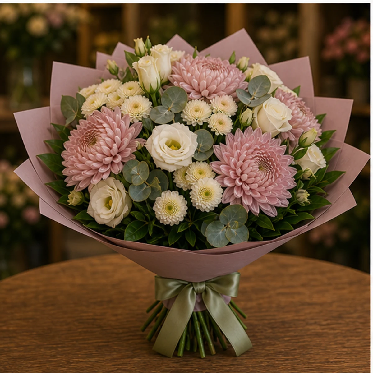 Buchet flori aniversare delicat roz prafuit cu crizanteme - poza 3
