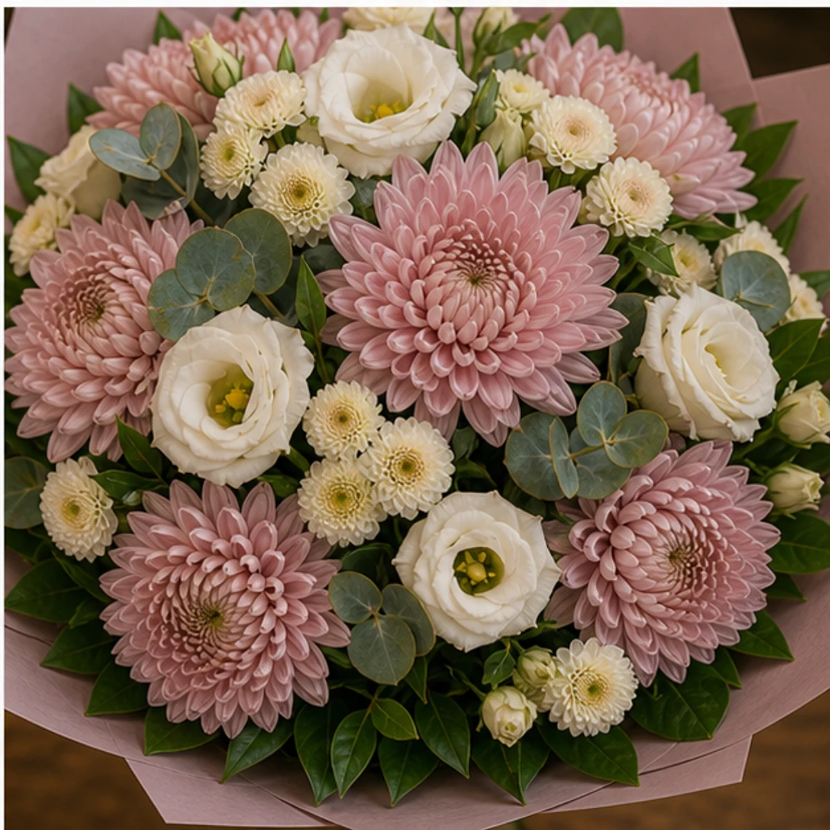 Buchet flori aniversare delicat roz prafuit cu crizanteme - poza 4