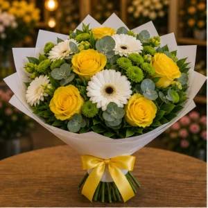 Buchet flori aniversare festiv cu trandafiri galbeni si gerbera alba - poza 1
