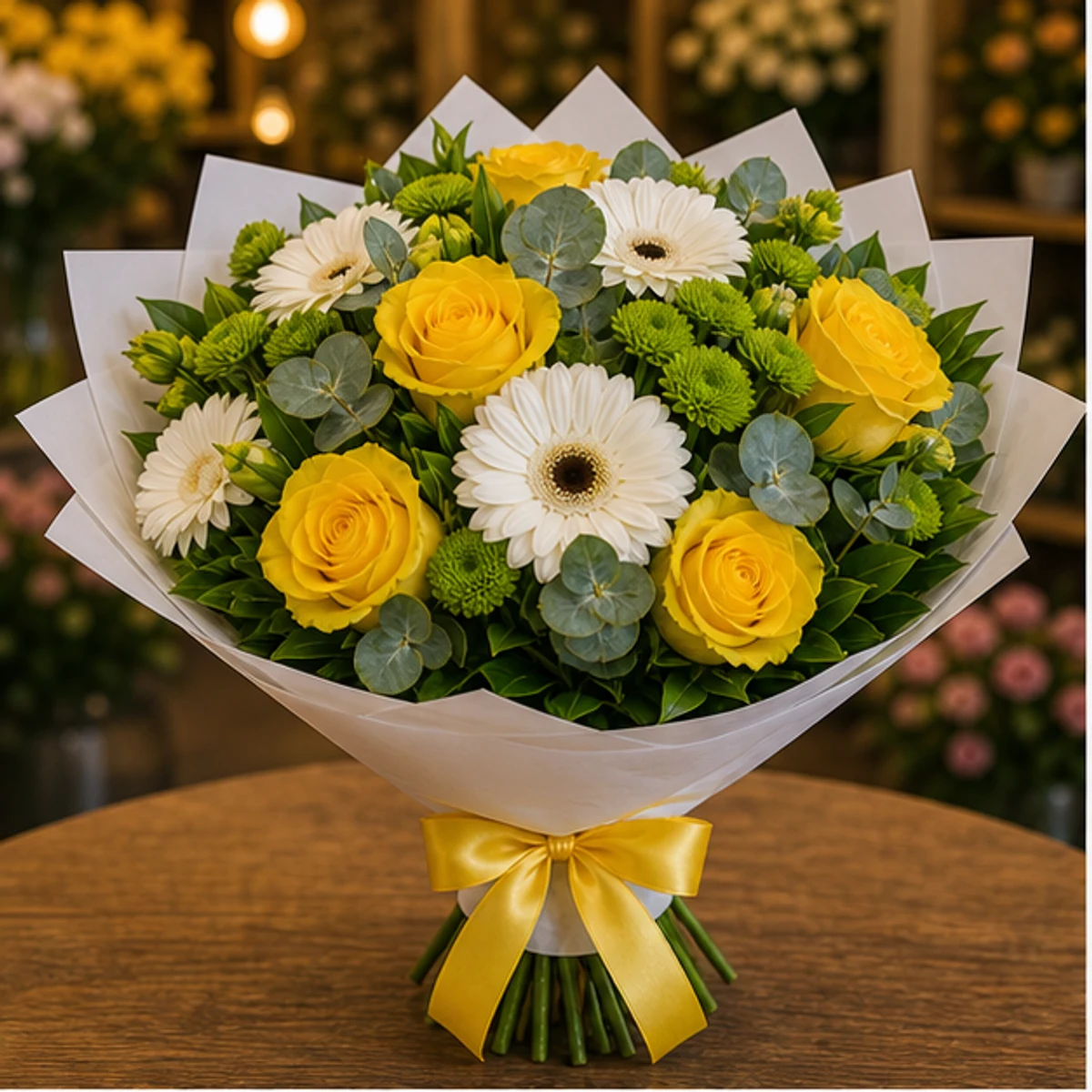 Buchet flori aniversare festiv cu trandafiri galbeni si gerbera alba - poza 1