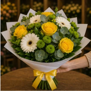 Buchet flori aniversare festiv cu trandafiri galbeni si gerbera alba - poza 2