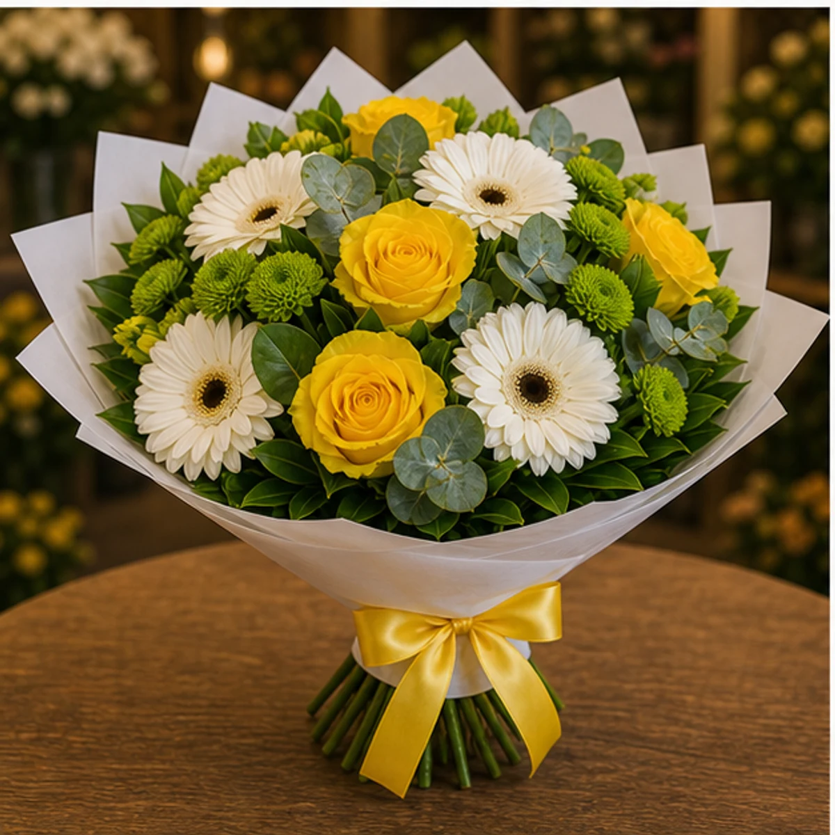 Buchet flori aniversare festiv cu trandafiri galbeni si gerbera alba - poza 3