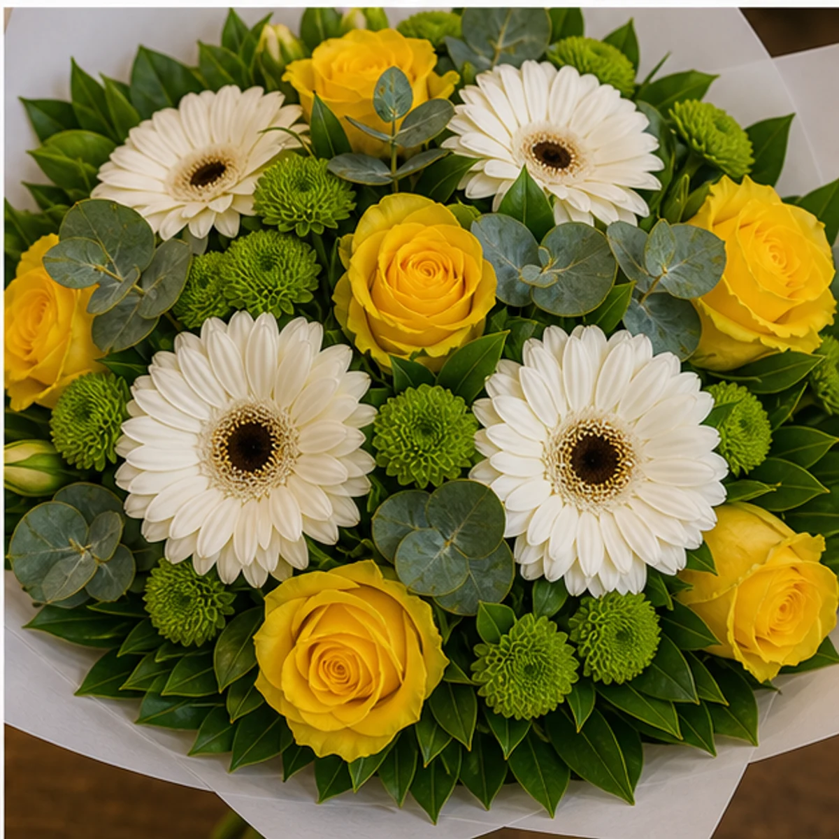 Buchet flori aniversare festiv cu trandafiri galbeni si gerbera alba - poza 4