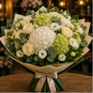 Buchet flori aniversare lux pentru eveniment cu hortensie si trandafiri crem - poza 1
