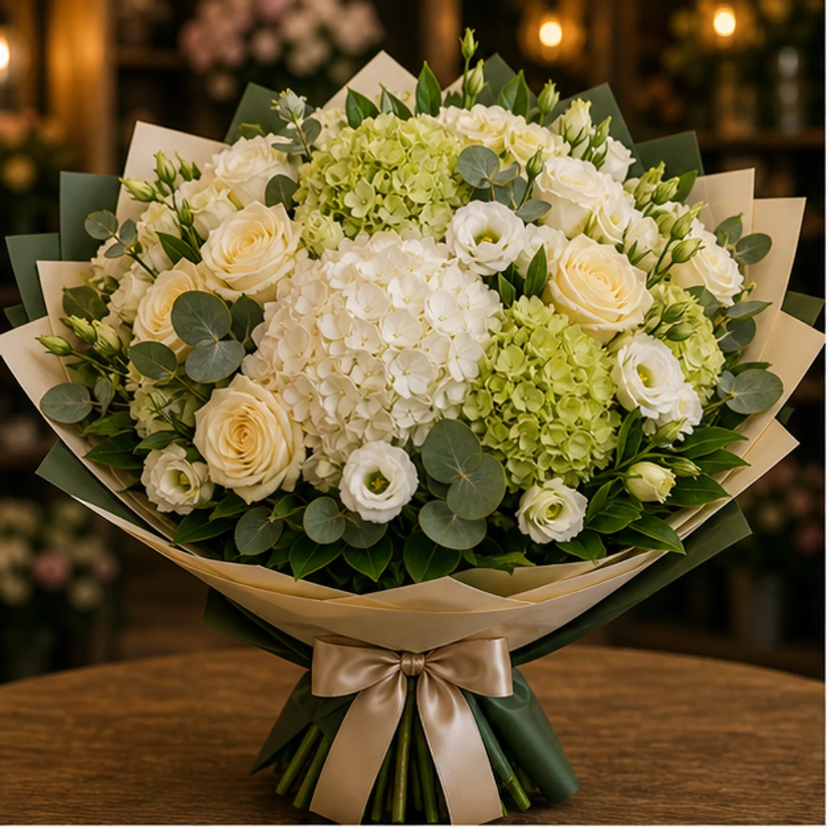Buchet flori aniversare lux pentru eveniment cu hortensie si trandafiri crem - poza 1