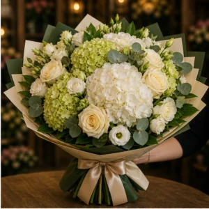 Buchet flori aniversare lux pentru eveniment cu hortensie si trandafiri crem - poza 2